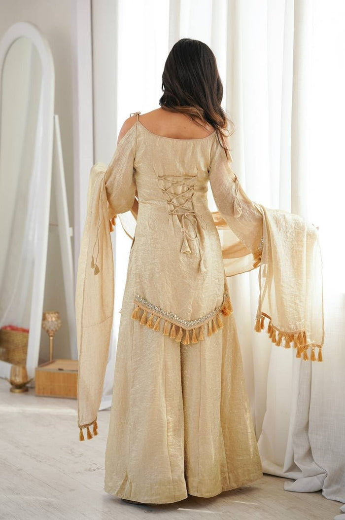 Premium Arabia Beige Doremon Crush Kurti Palazzo Set