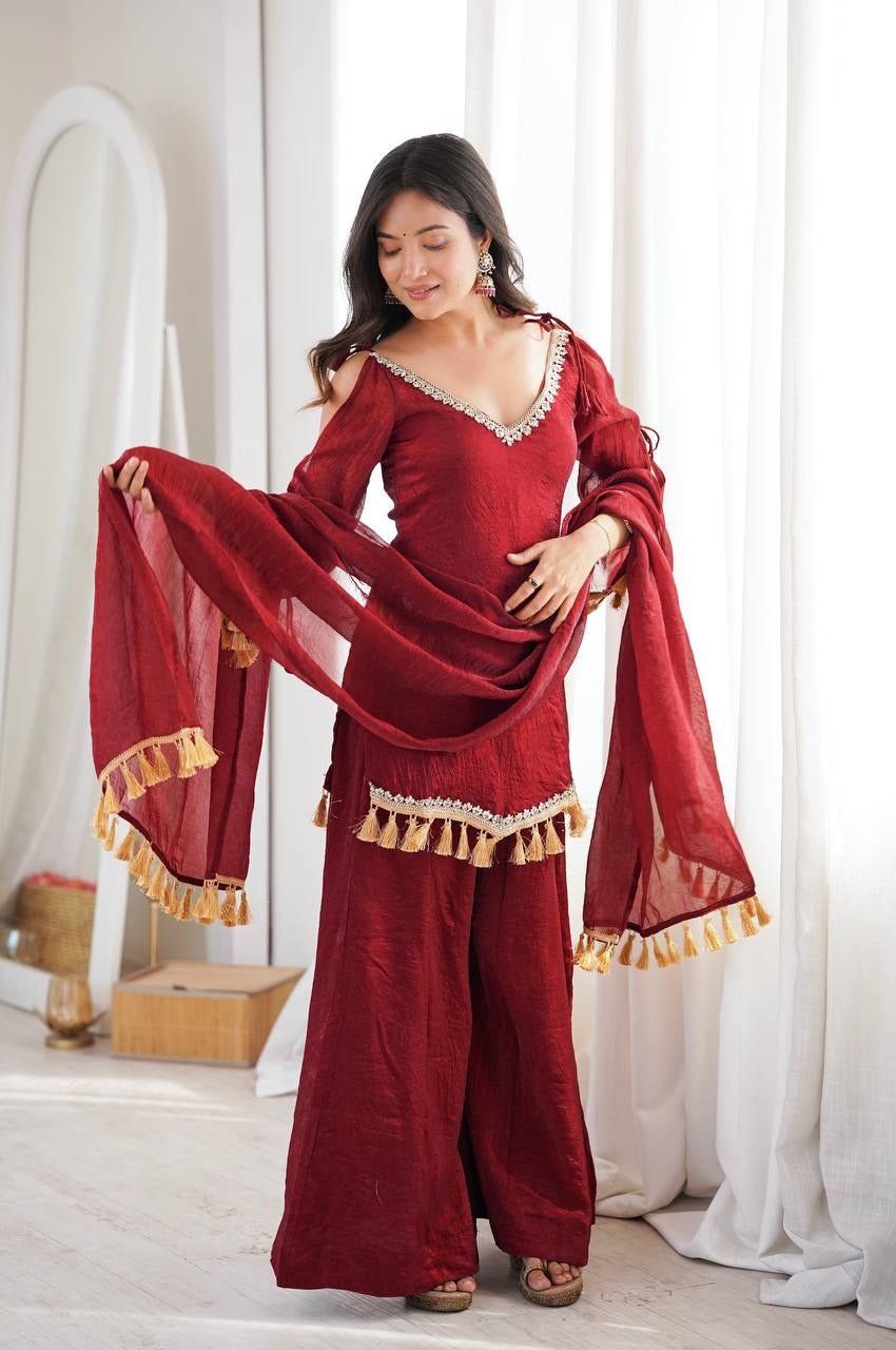 Maroon Doremon Crush Kurta Palazzo Set