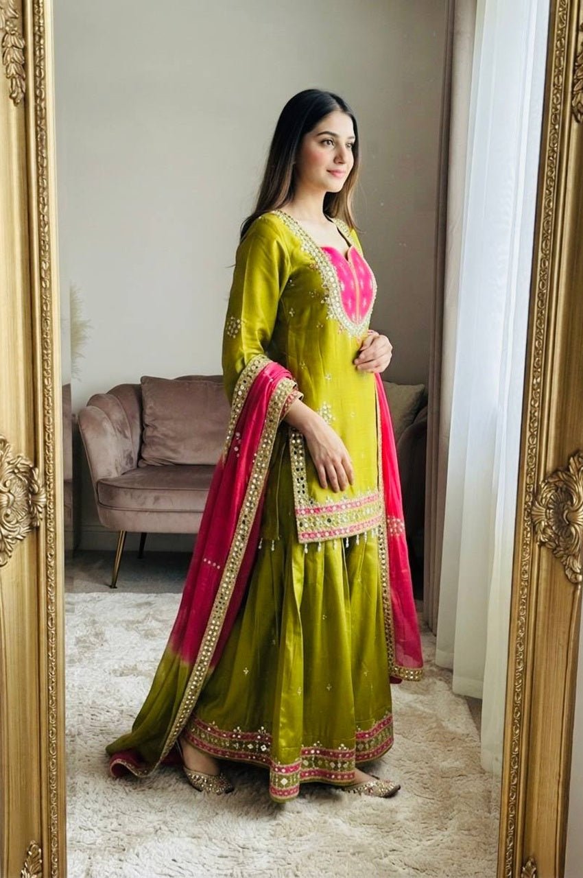 Premium Olive Green Roman Glass Silk Kurta Palazzo Set