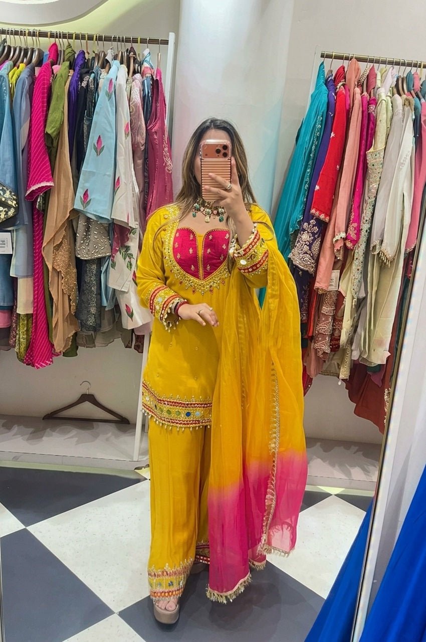 Mustard Roman Glass Mirror Work Kurta Palazzo Set