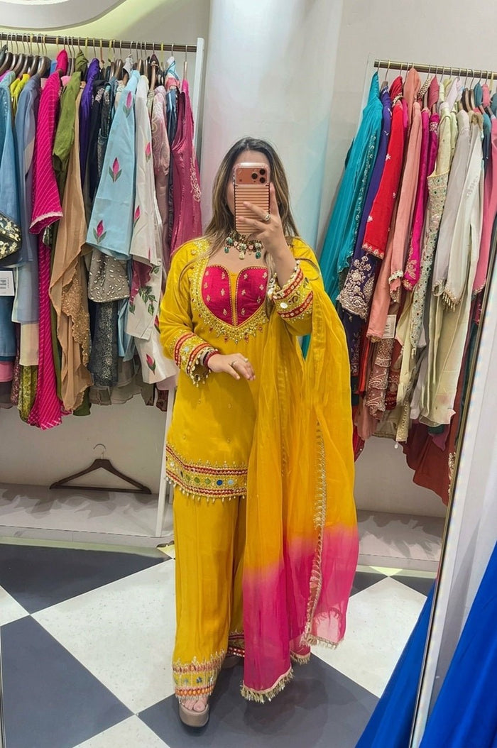 Mustard Roman Glass Mirror Work Kurta Palazzo Set