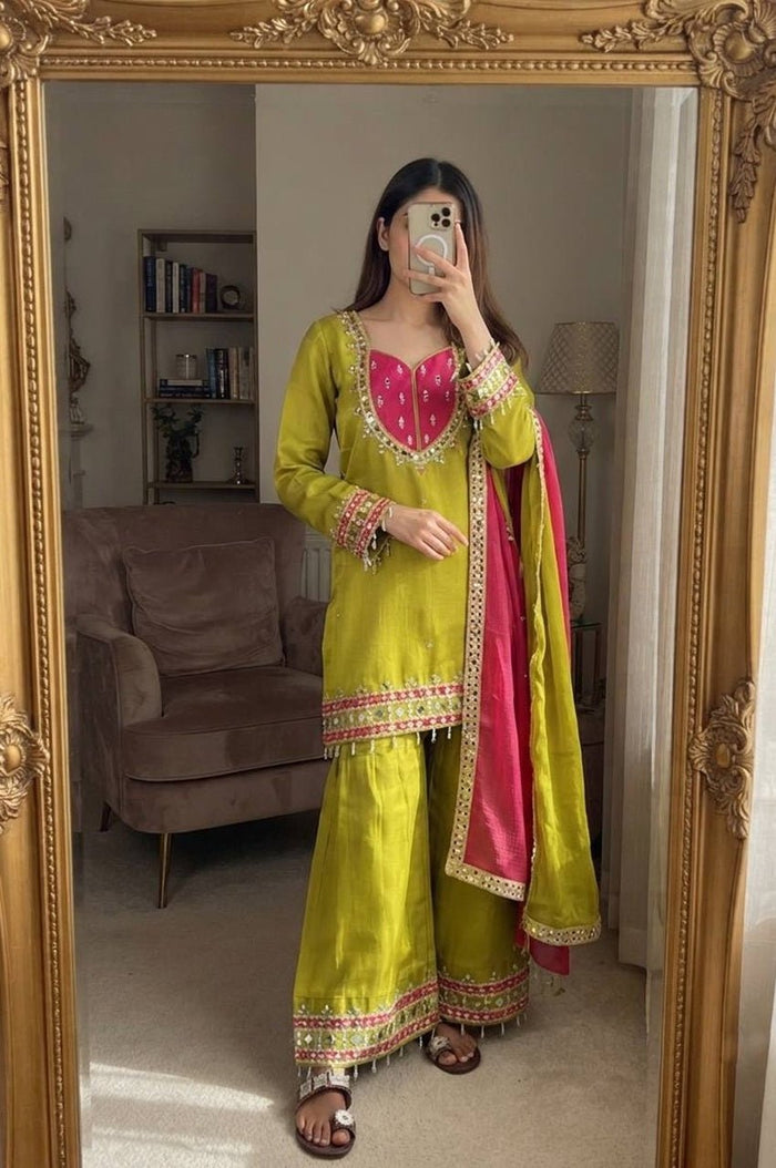 Premium Olive Green Roman Glass Silk Kurta Palazzo Set