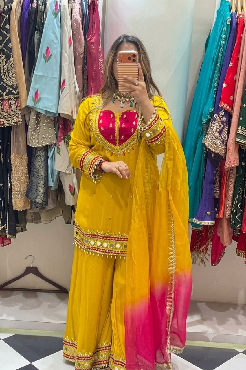 Mustard Roman Glass Mirror Work Kurta Palazzo Set