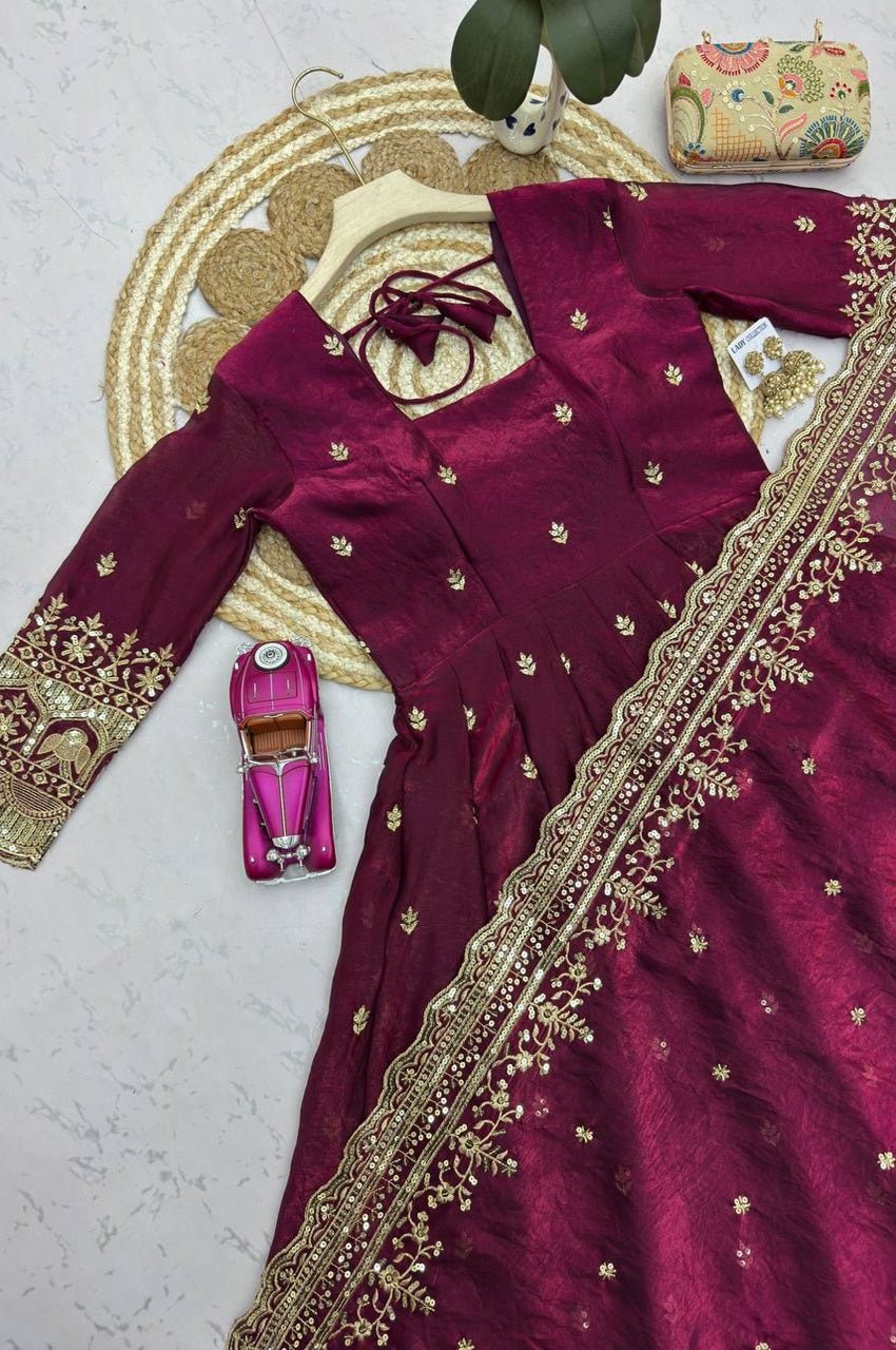 Royal Wine Heavy Fandy Silk Embroidered Gown Set