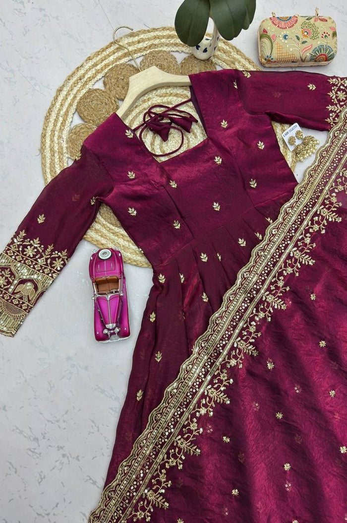 Royal Wine Heavy Fandy Silk Embroidered Gown Set