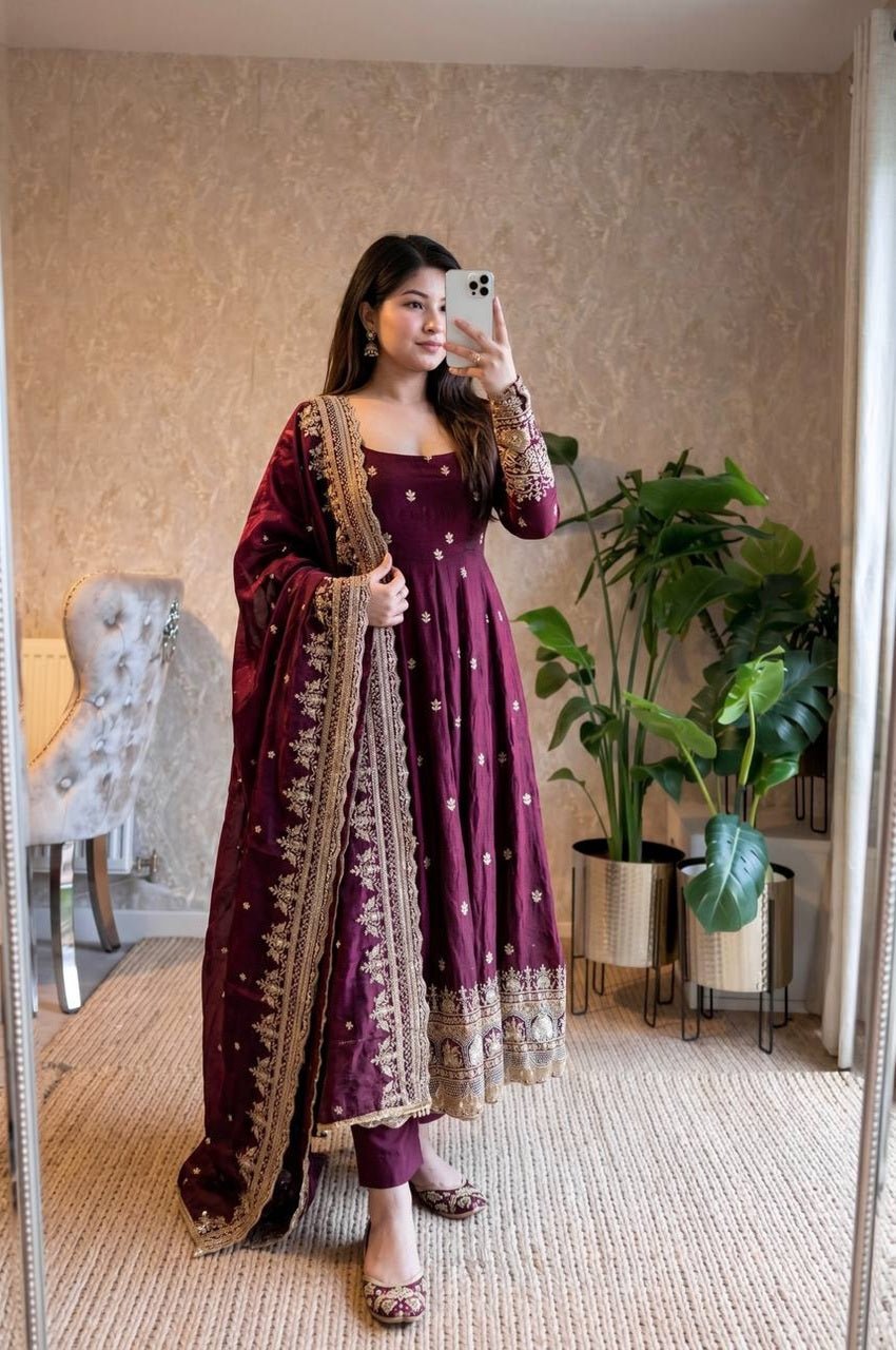 Royal Wine Heavy Fandy Silk Embroidered Gown Set