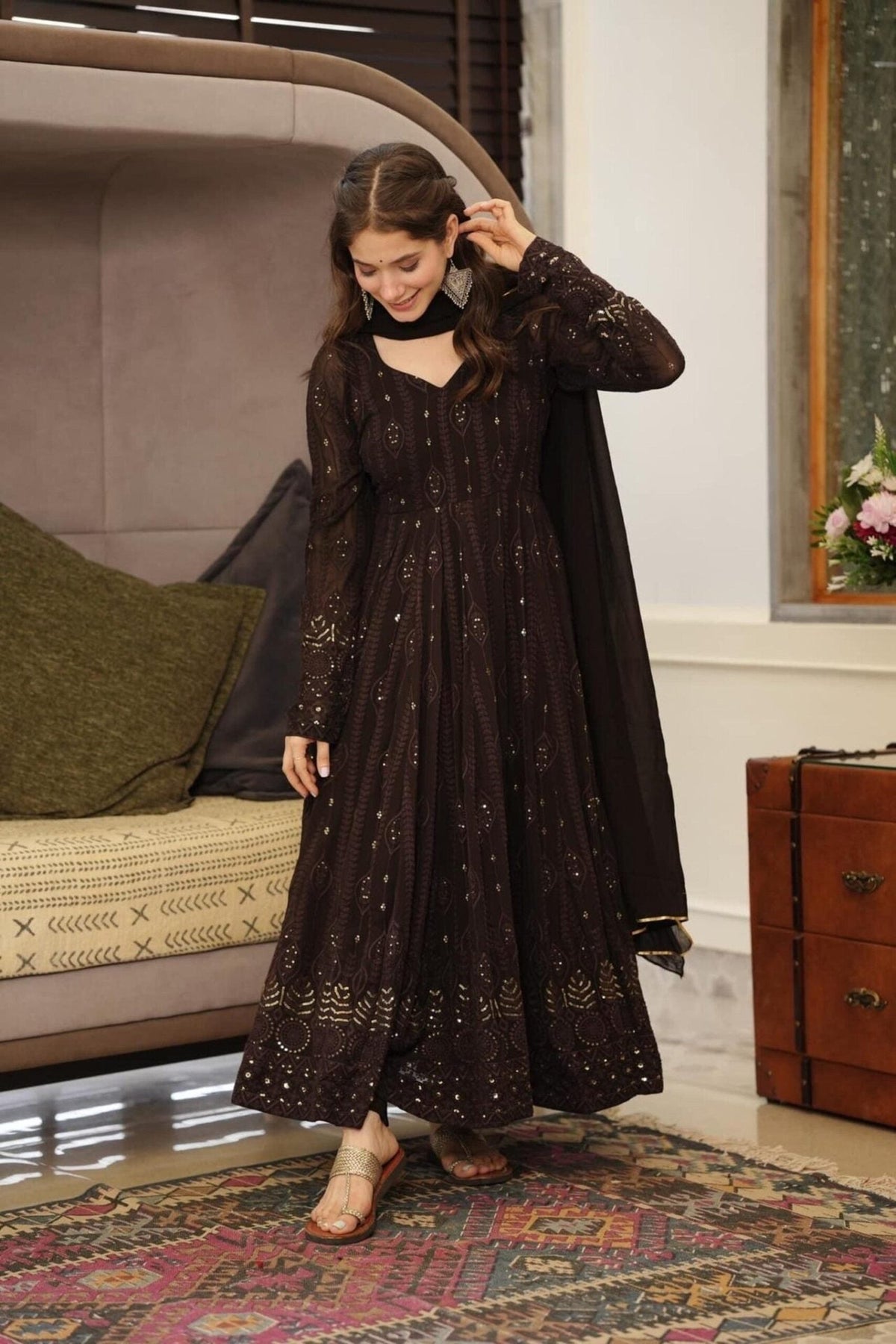 Elegant Black Embroidered Georgette Suit Set