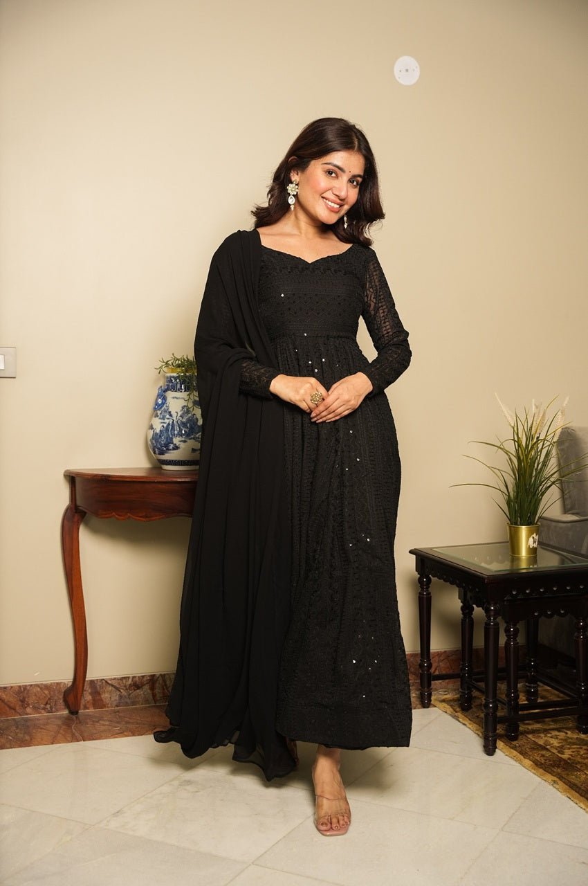 Black Georgette Lucknowi Work Anarkali Suit Set
