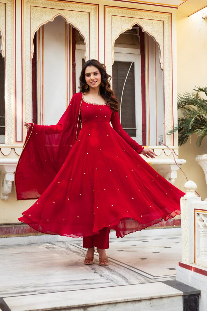 Red Hand Work Anarkali Suit