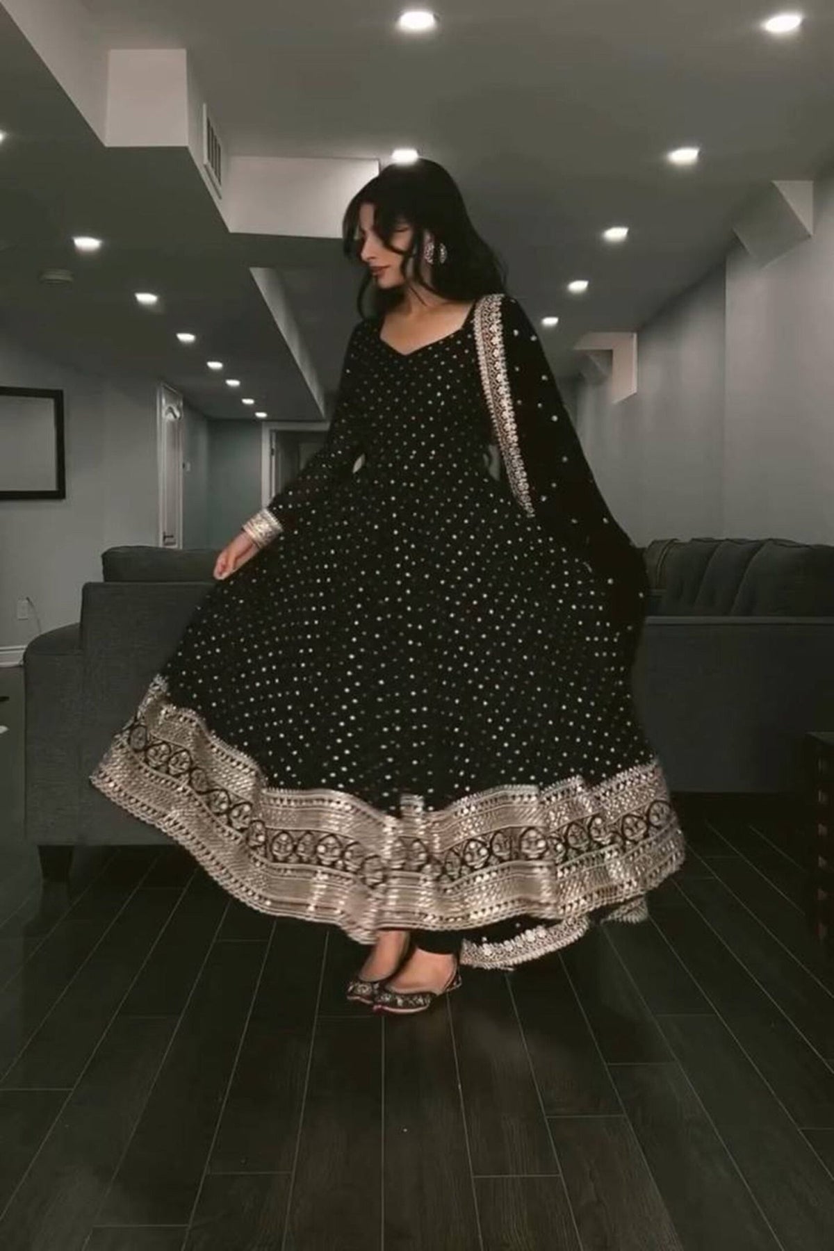Black Sequins Work Anarkali Suit Set