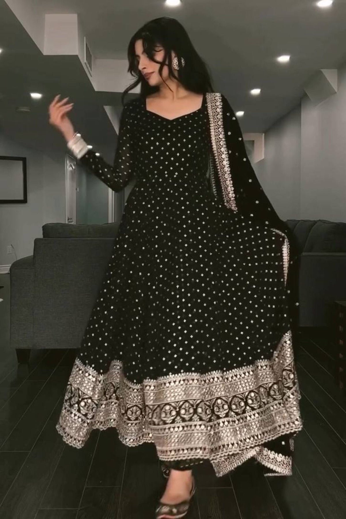 Black Sequins Work Anarkali Suit Set