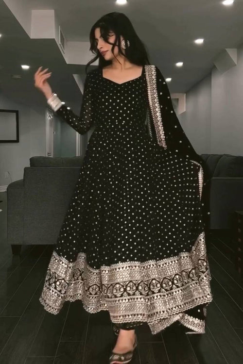 Black Sequins Work Anarkali Suit Set