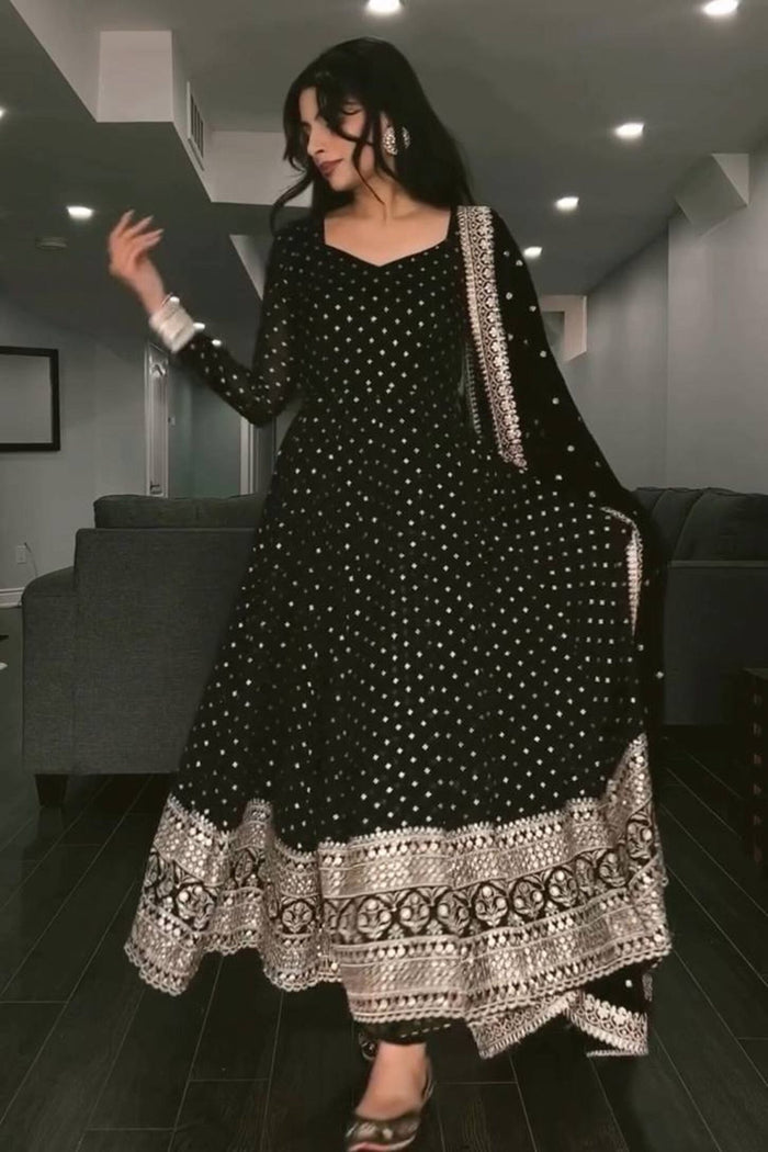 Black Sequins Work Anarkali Suit Set