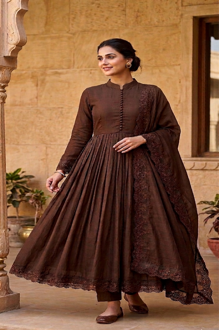 Brown Roman Silk Embroidered Anarkali Gown Set