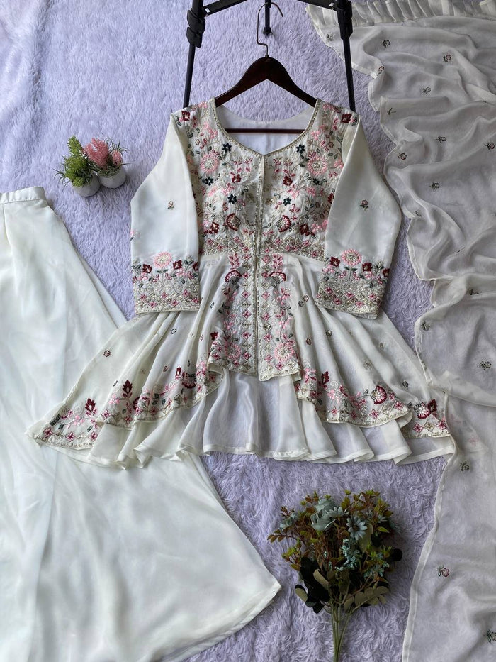 SEQUENCE EMBROIDERED TOP, PLAZZO AND DUPATTA