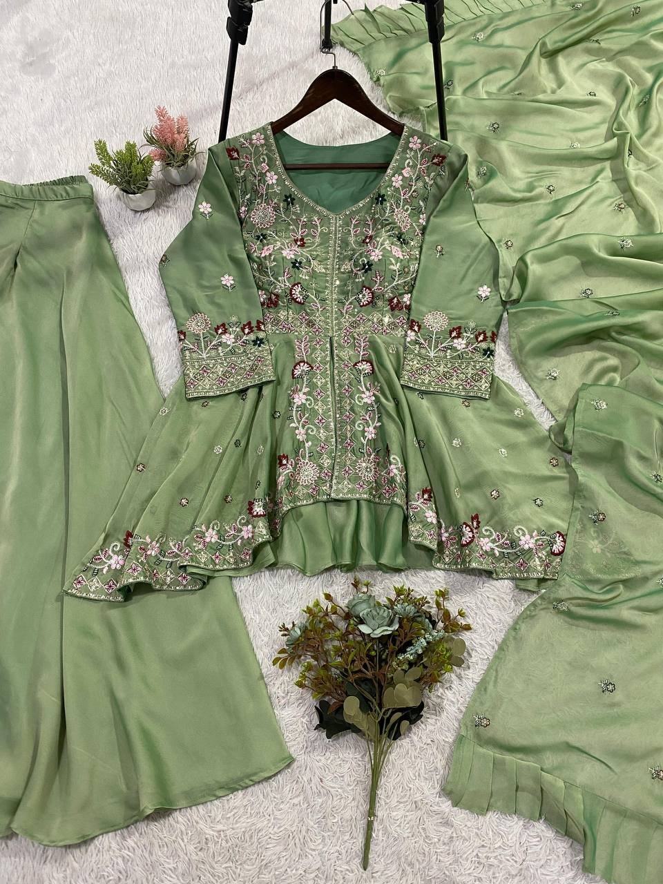 SEQUENCE EMBROIDERED TOP, PLAZZO AND DUPATTA