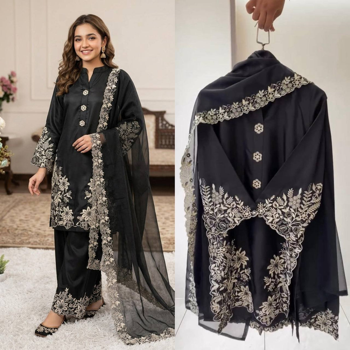 Pakistani Suit with Embroidered Worked Top Plazzo Dupatta