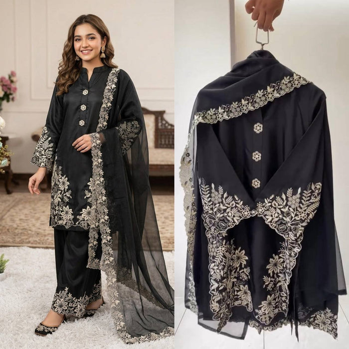 Pakistani Suit with Embroidered Worked Top Plazzo Dupatta