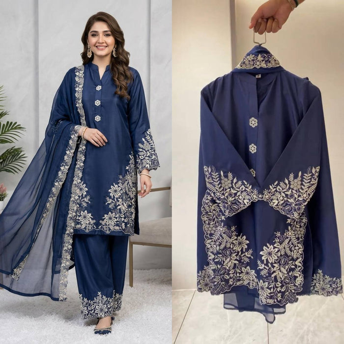 Pakistani Suit with Embroidered Worked Top Plazzo Dupatta