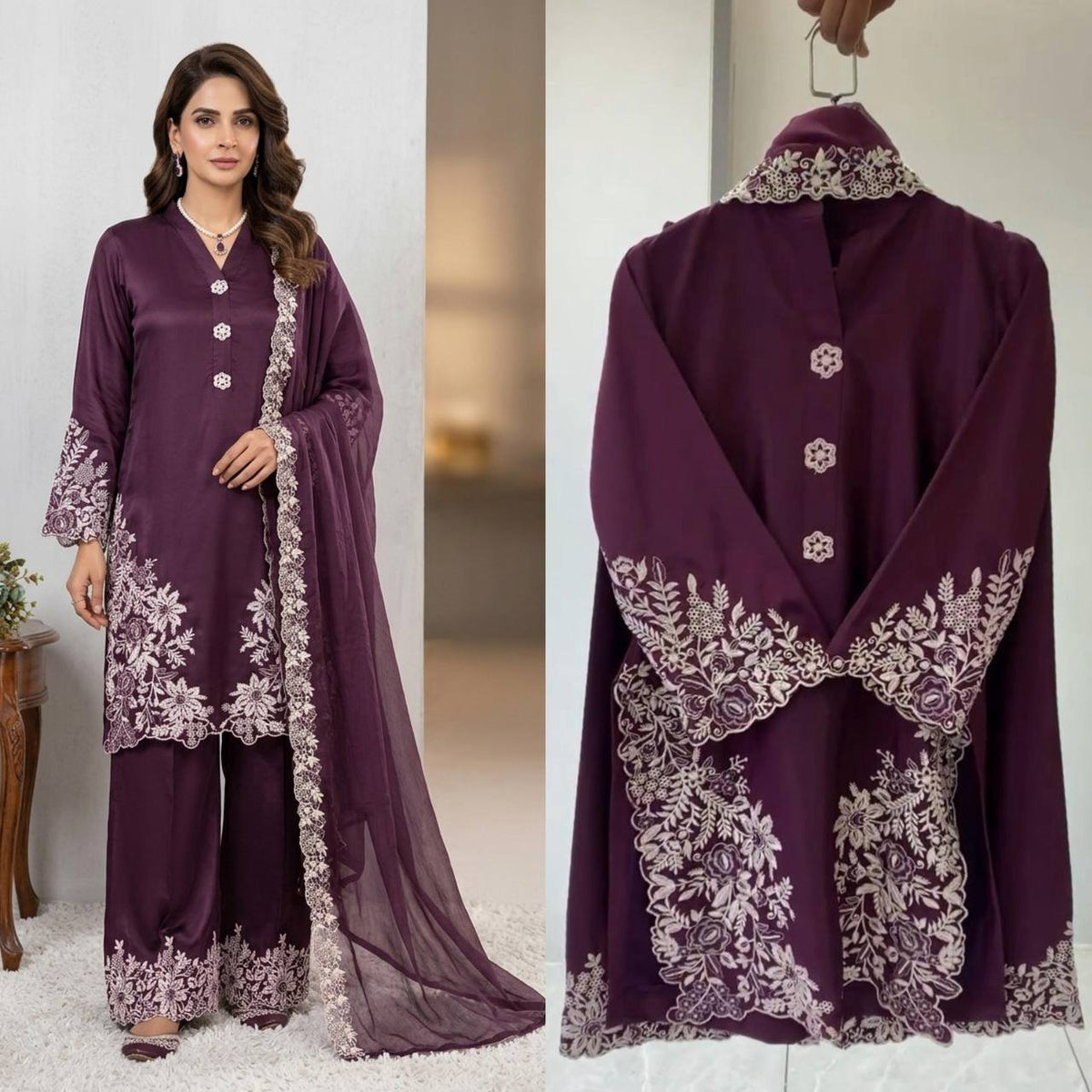 Pakistani Suit with Embroidered Worked Top Plazzo Dupatta