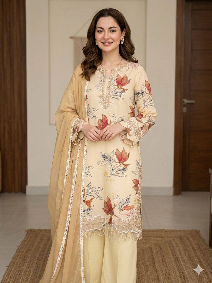 Pakistani Suit with Embroidered Top Plazzo Dupatta