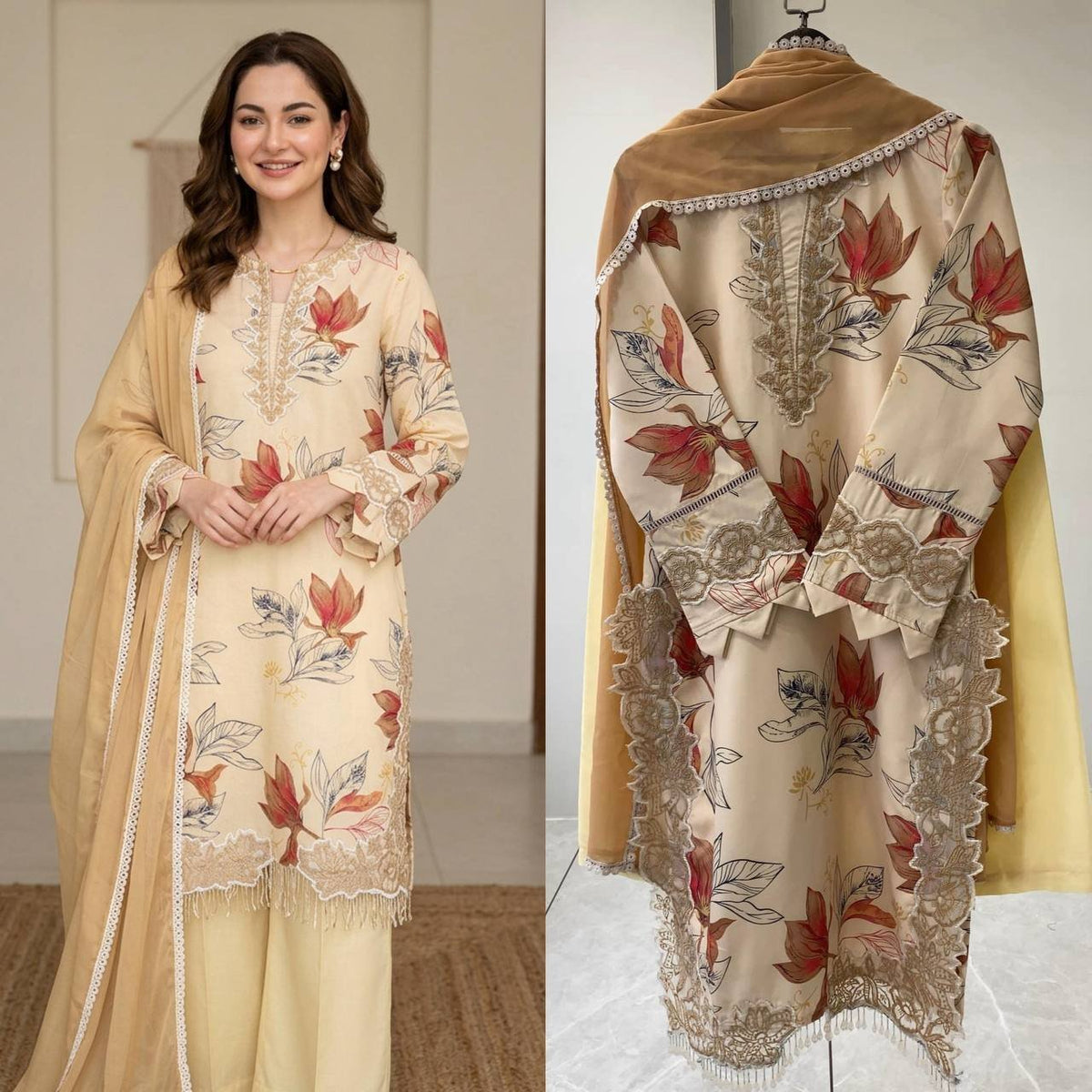 Pakistani Suit with Embroidered Top Plazzo Dupatta