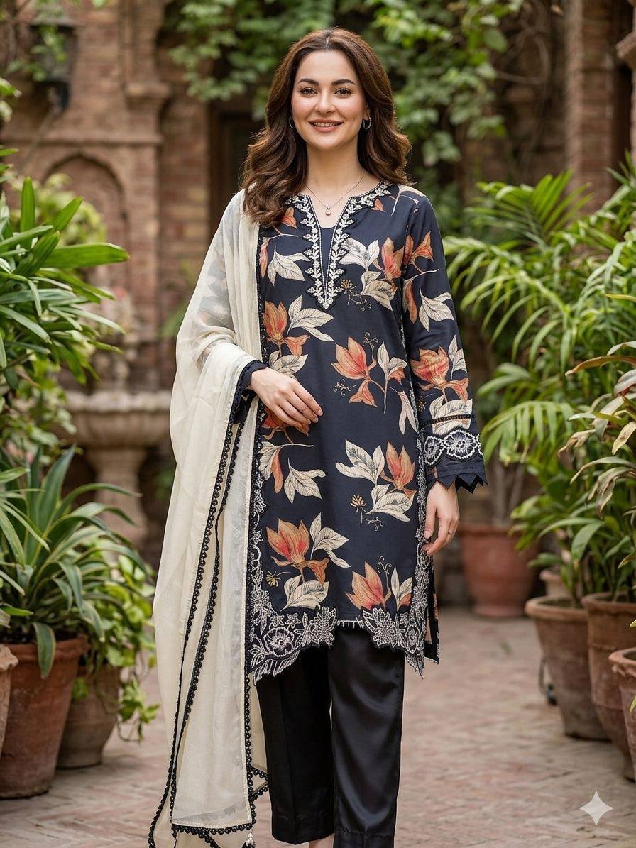Pakistani Suit with Embroidered Top Plazzo Dupatta