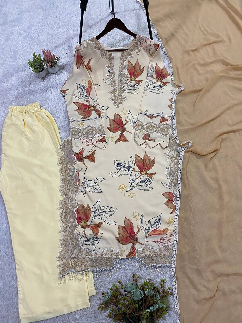 Pakistani Suit with Embroidered Top Plazzo Dupatta