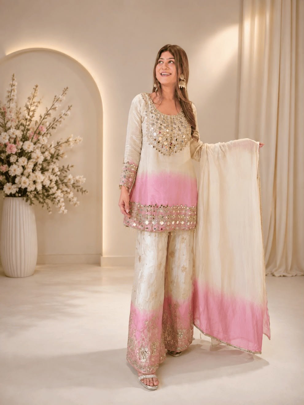 Designer Real Mirror Embroidered Top Plazzo