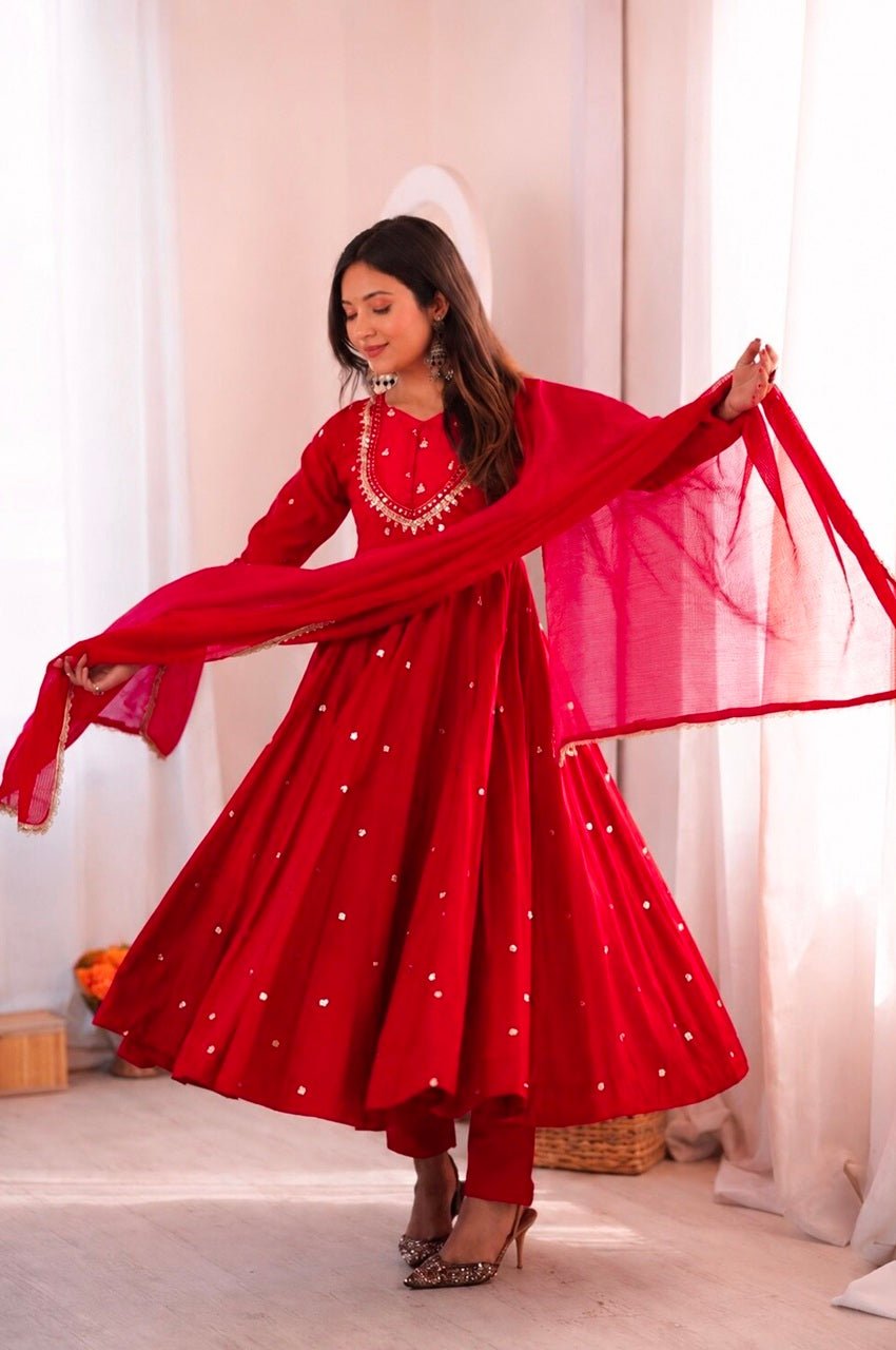 Red Roman Silk Real Mirror Work Anarkali Suit