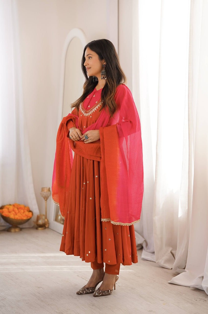 Rust Orange Roman Silk Embroidered Gown Set