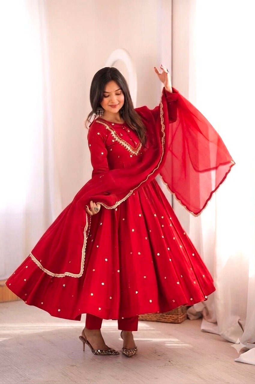 Red Roman Silk Real Mirror Work Anarkali Suit
