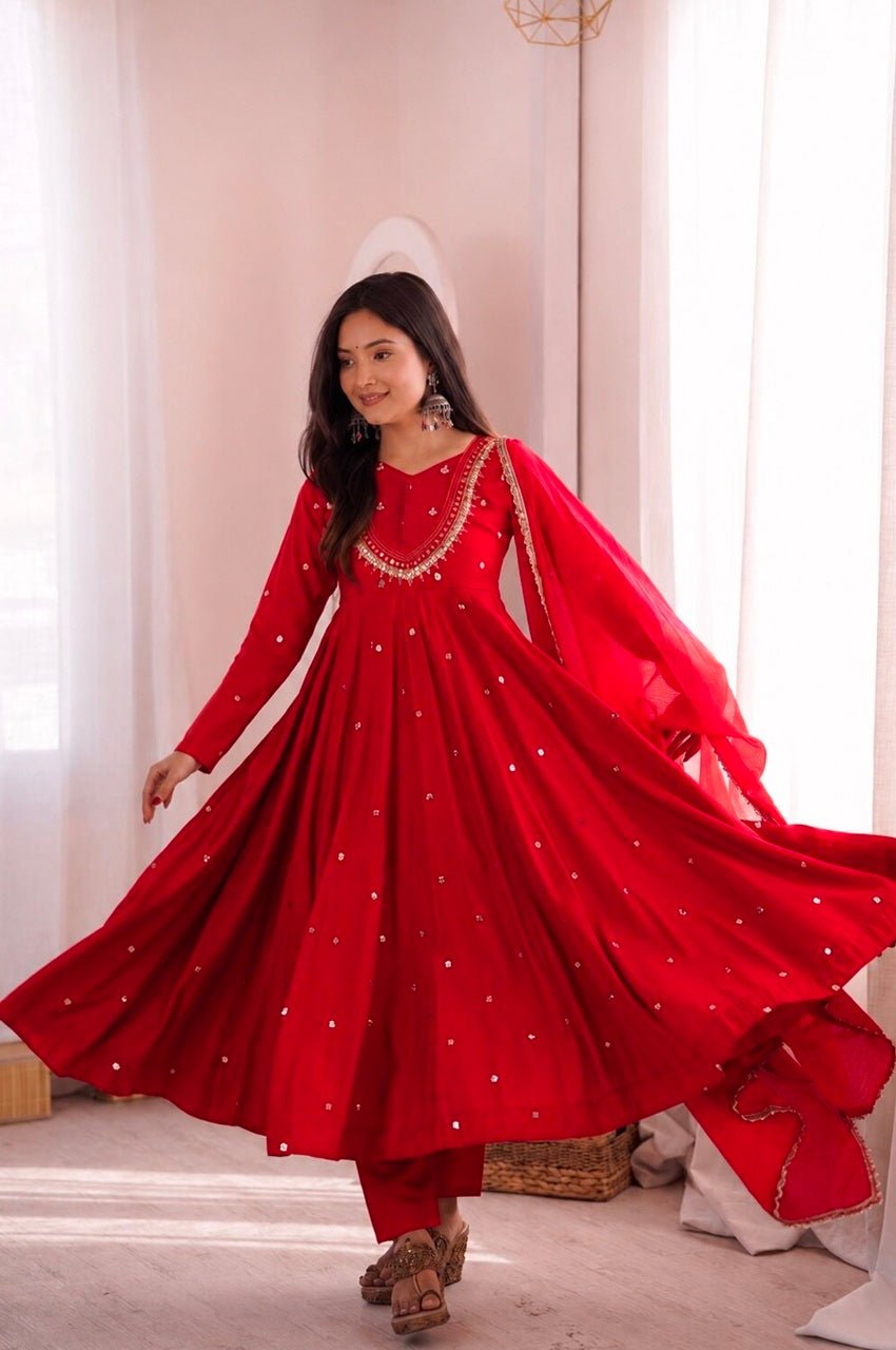 Red Roman Silk Real Mirror Work Anarkali Suit