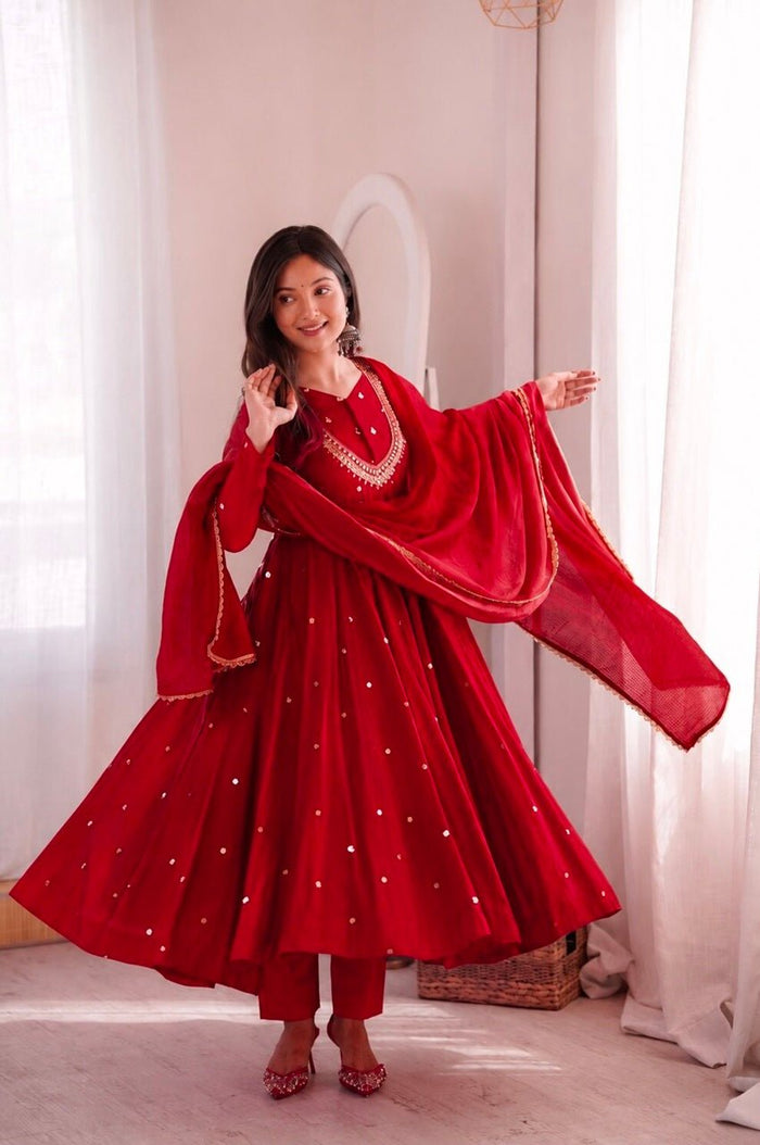 Red Roman Silk Real Mirror Work Anarkali Suit