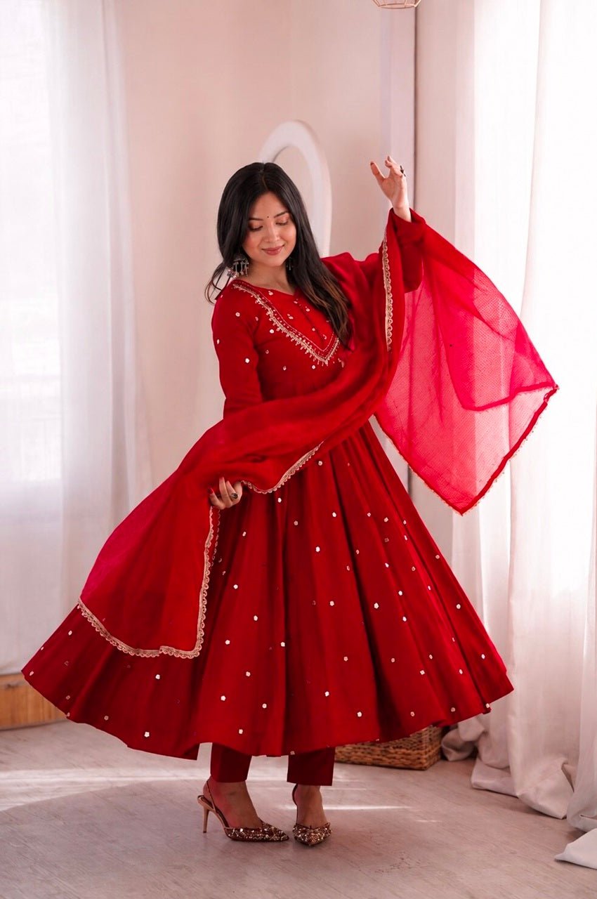 Red Roman Silk Real Mirror Work Anarkali Suit