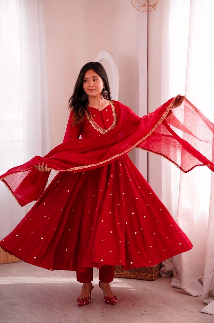 Red Roman Silk Real Mirror Work Anarkali Suit