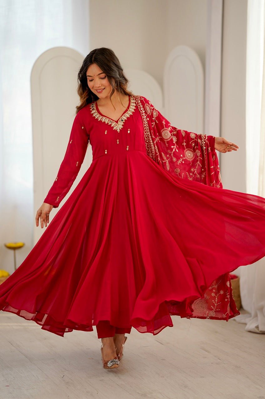Red Faux Georgette Anarkali Gown Set