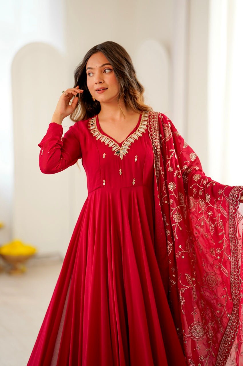 Red Faux Georgette Anarkali Gown Set