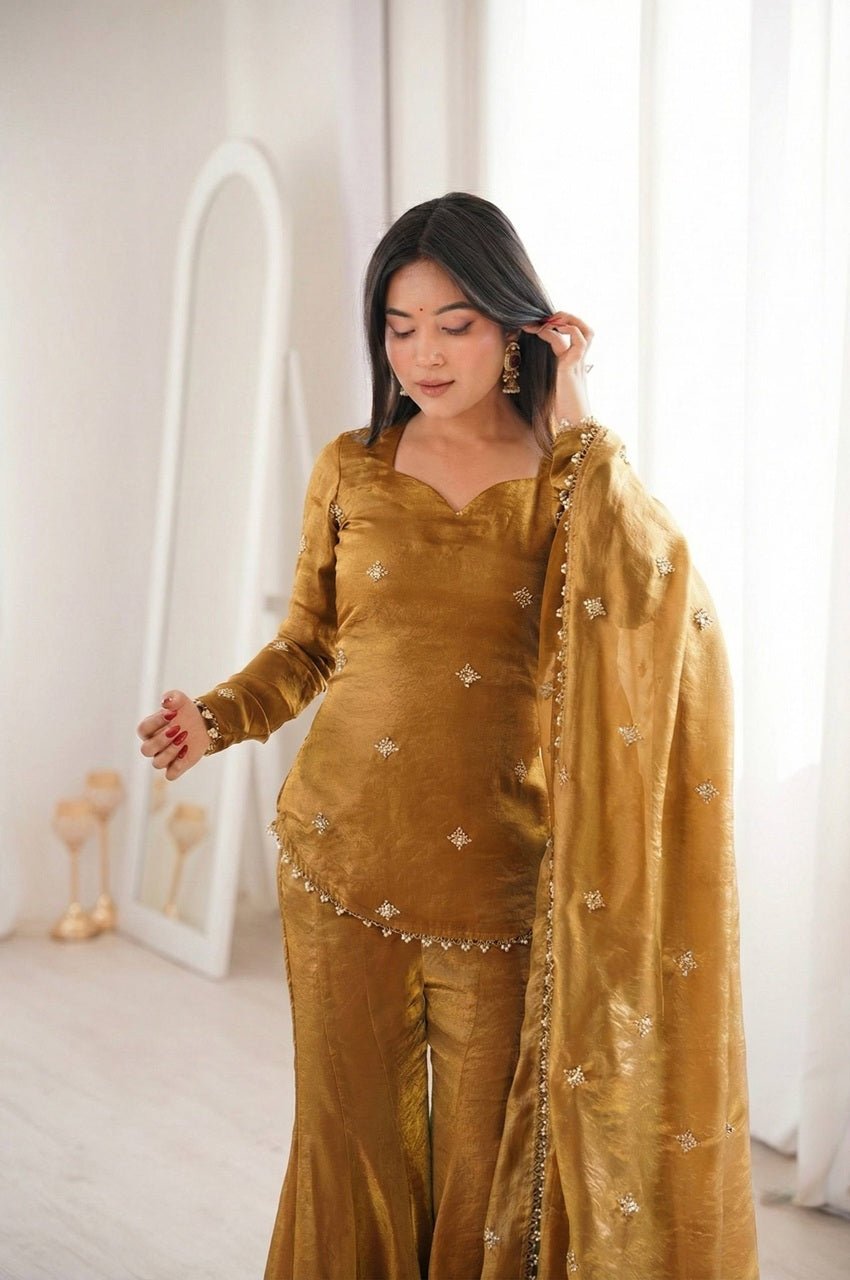 Copper Brown Fendy Silk Sharara Set