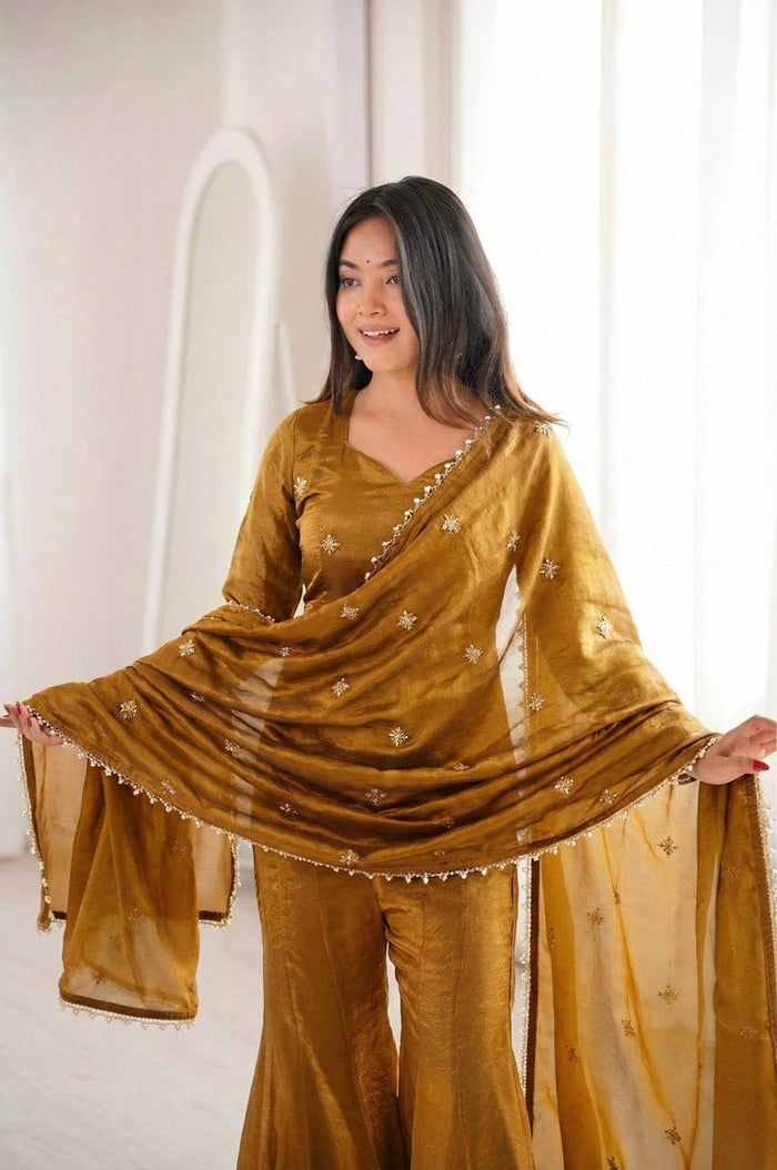 Copper Brown Fendy Silk Sharara Set