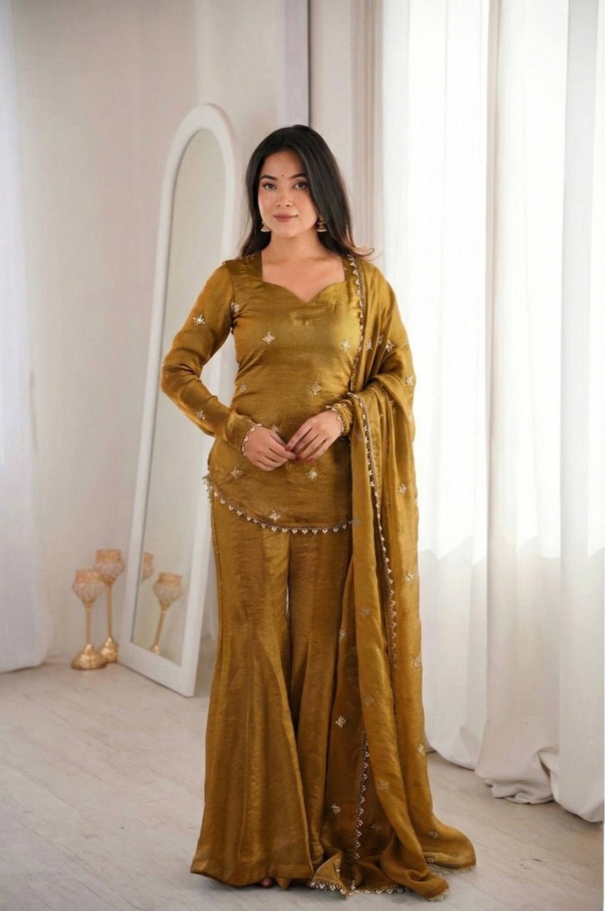 Copper Brown Fendy Silk Sharara Set