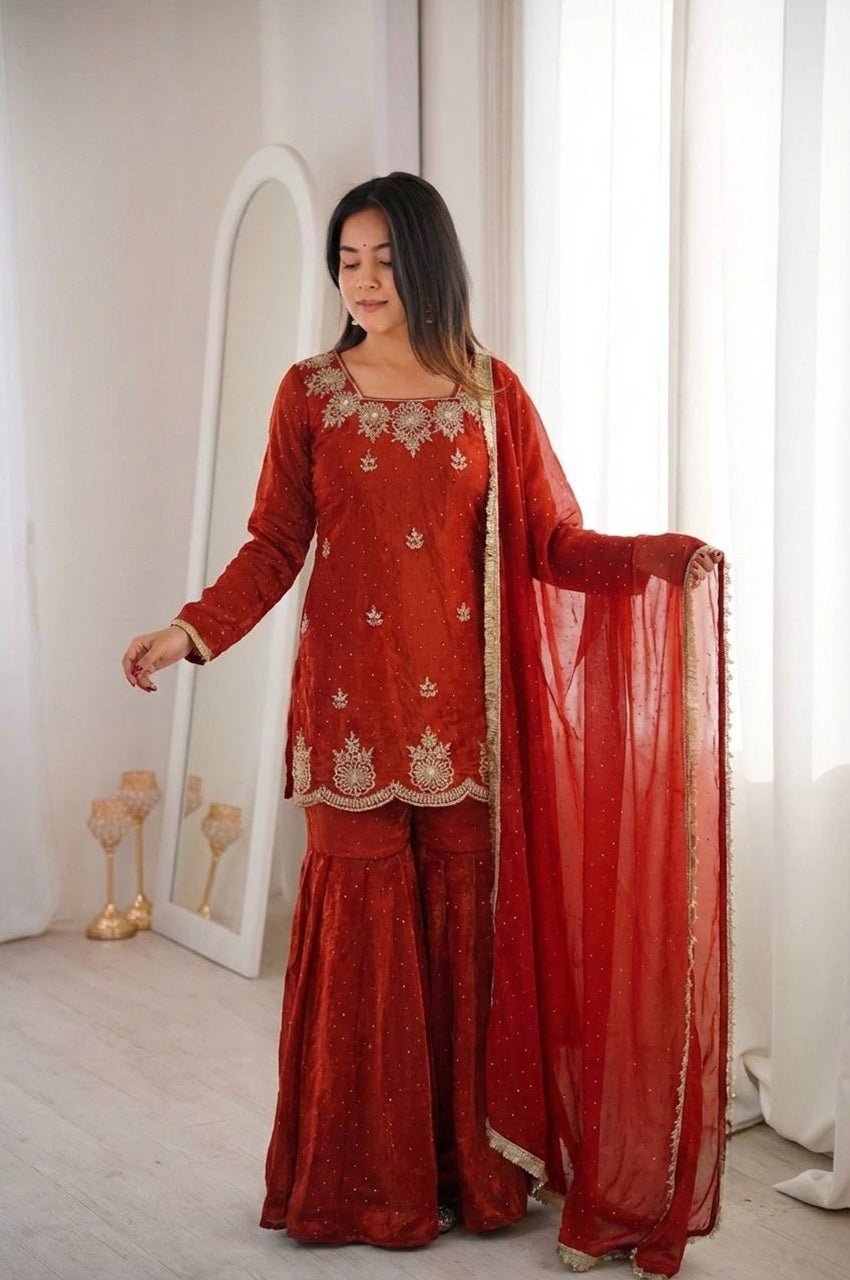 Rust Orange Fendy Silk Sharara Set