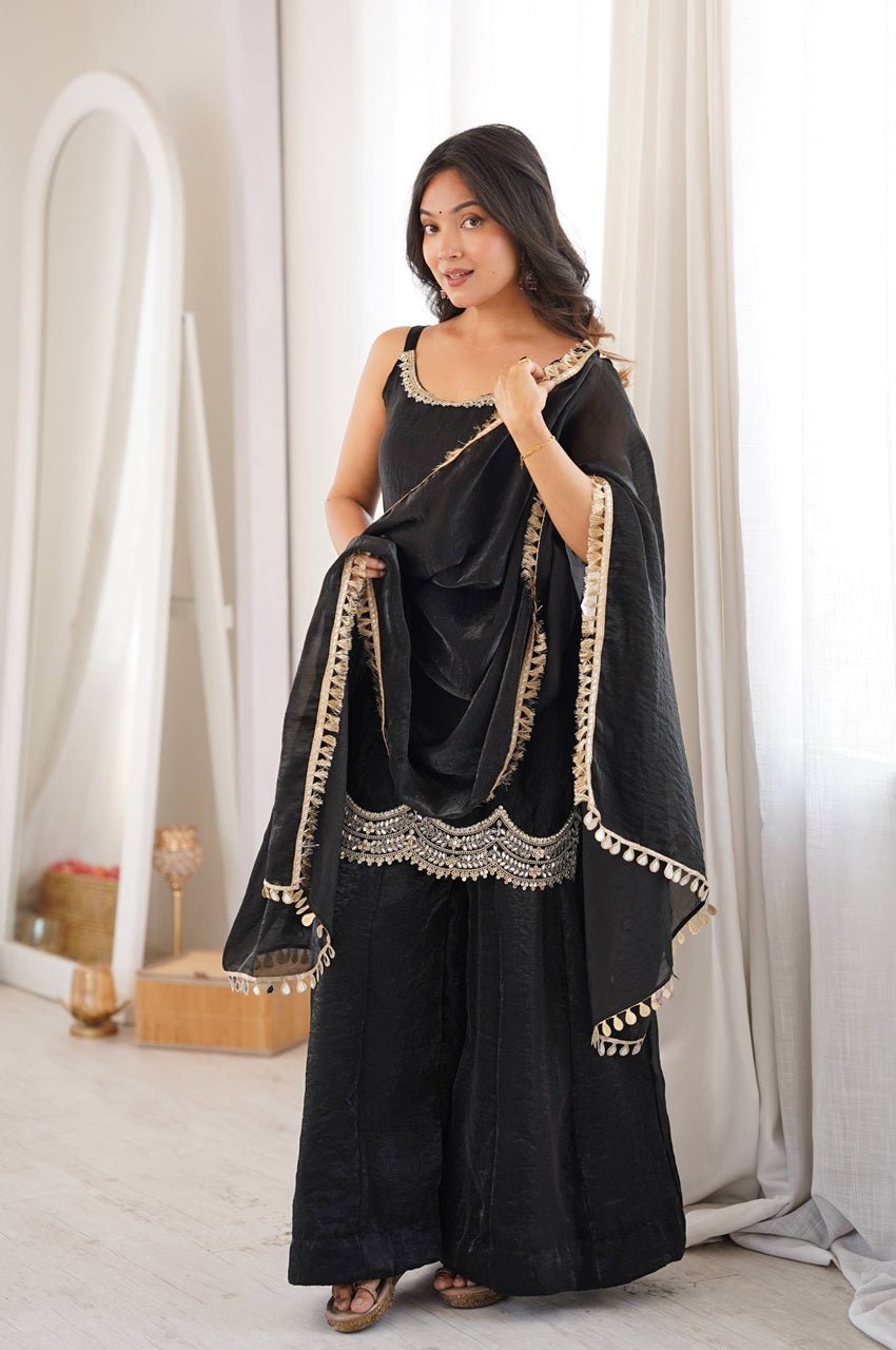 Black Fendy Silk Sleeveless Top Sharara Suit