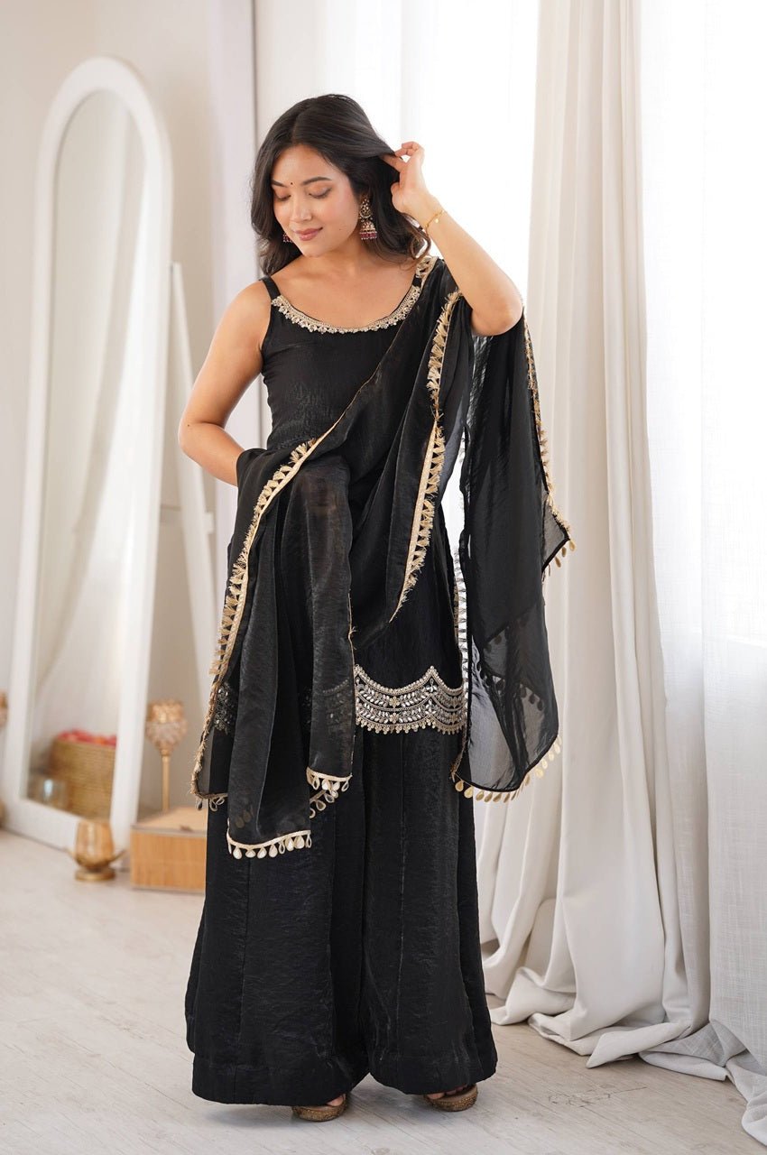 Black Fendy Silk Sleeveless Top Sharara Suit