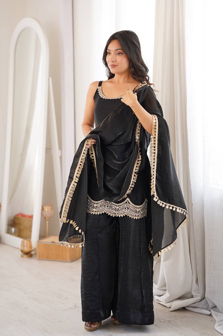 Black Fendy Silk Sleeveless Top Sharara Suit