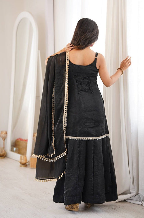 Black Fendy Silk Sleeveless Top Sharara Suit