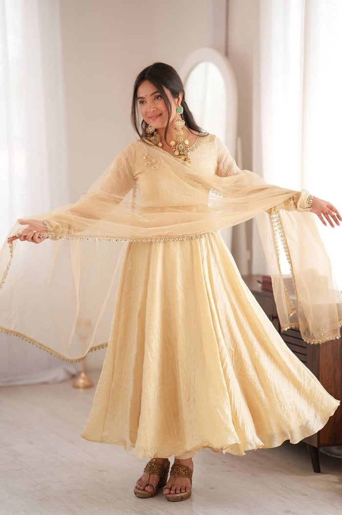 Cream Heavy Crush Anarkali Suit