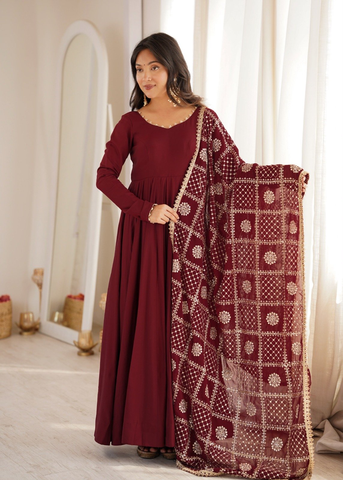 Maroon Pure Roman Silk Chanderi Anarkali Suit