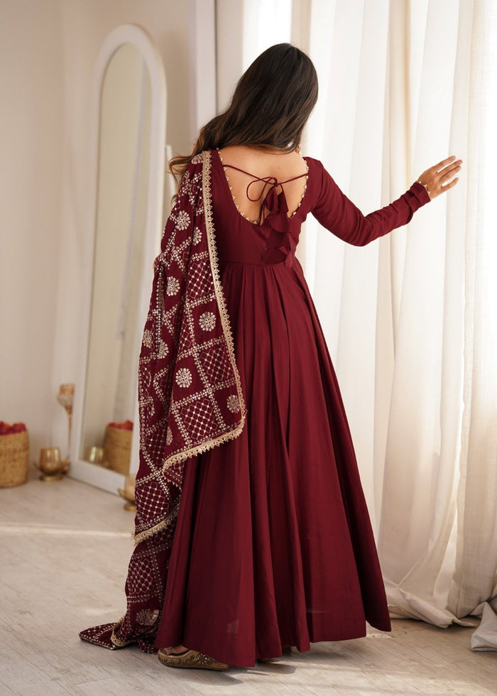 Maroon Pure Roman Silk Chanderi Anarkali Suit
