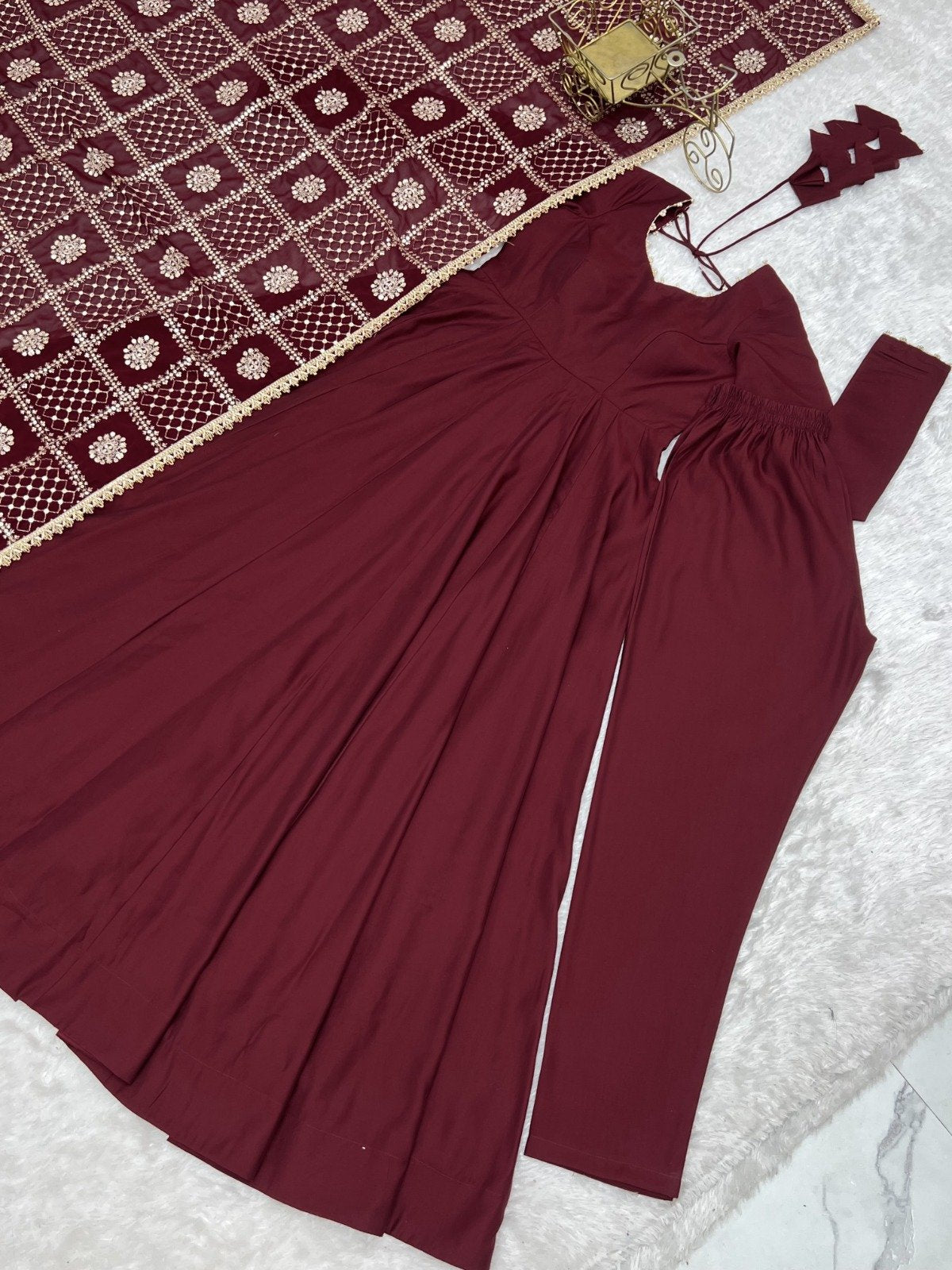 Maroon Pure Roman Silk Chanderi Anarkali Suit